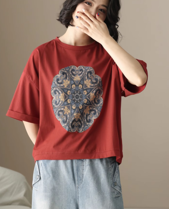 初春.  100％綿.無地.コットンTシャツ ショート丈半袖トップス 4枚目の画像