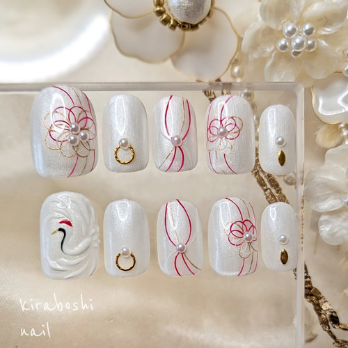 鶴♡水引 ネイル【注文時サイズ必須です♡】 【vol.48C③ NL18赤