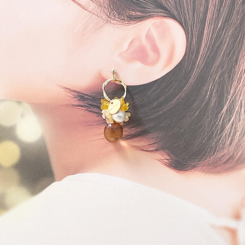 ピアス イヤリング フラワー コットンパール イエロー 春 ピアス 