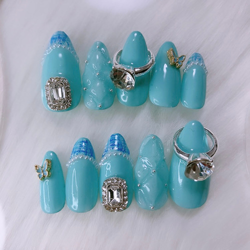 No.80 リング×キルティング ネイルチップ 推し 推し活 水色 青  