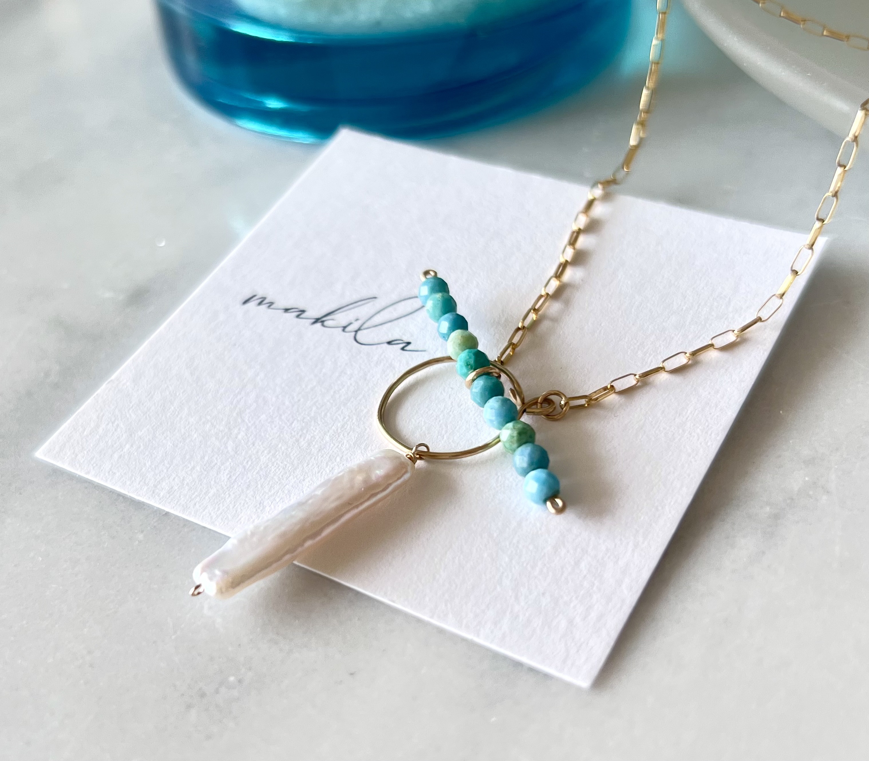 マンテルネックレス【スティックパール＆ブルーオパール】14kgf ブルー 春