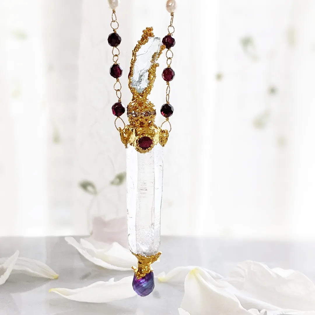 アクアマリントと水晶ワンドネックレス