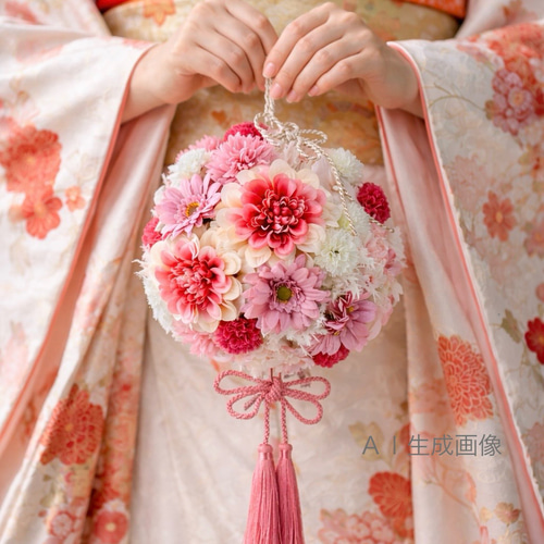 和装の前撮りなどにぴったりの可愛いピンクボールブーケ 造花ブーケ