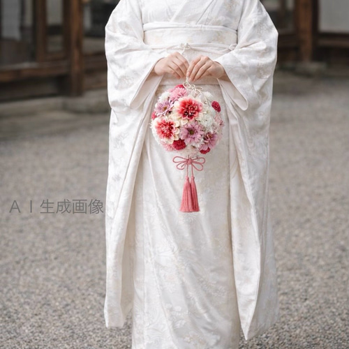 和装の前撮りなどにぴったりの可愛いピンクボールブーケ 造花ブーケ