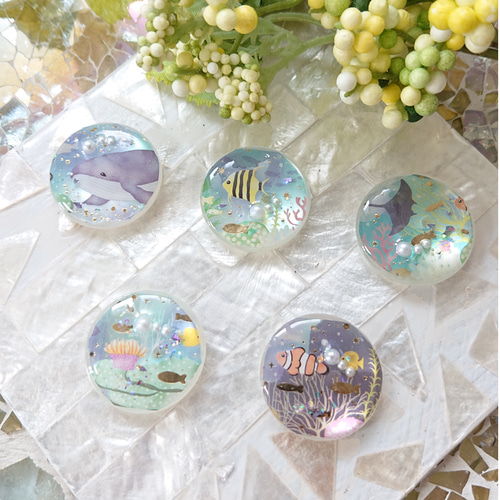 海のカボション☆5個 s1 マリン/ボタン/カボション/熱帯魚/魚/エイ 
