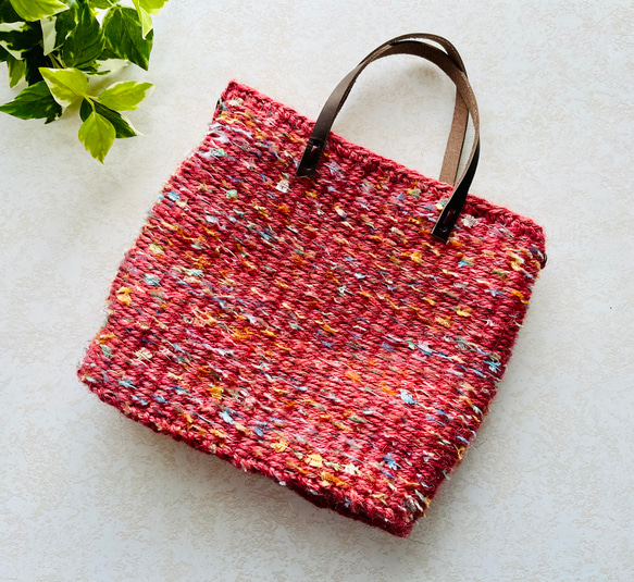 【1点物】天然素材　手織り麻ひもかごバッグ　ピンク 1枚目の画像