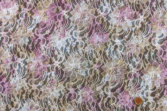 ラメ入りコード花柄ラッセルレース生地　ぼかしプリント　濃いピンク・茶・オレンジ系　（約145ｃｍ×約50ｃｍ）la800 3枚目の画像