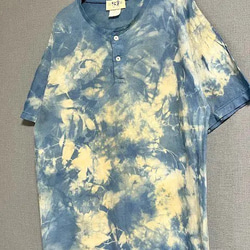 タイダイ染め ヘンリーネックTシャツ　Lサイズ　ブルー×ベージュ　ムラ染め　Hippies Dye HD21-39 2枚目の画像