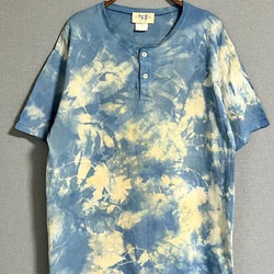 タイダイ染め ヘンリーネックTシャツ　Lサイズ　ブルー×ベージュ　ムラ染め　Hippies Dye HD21-39 1枚目の画像