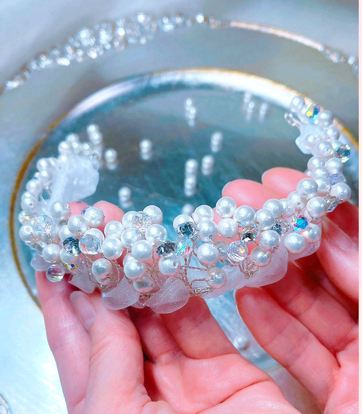 ミニティアラ✧日本製コットンパール＊クリスタル ウェディング・前撮り・ブライダル　結婚