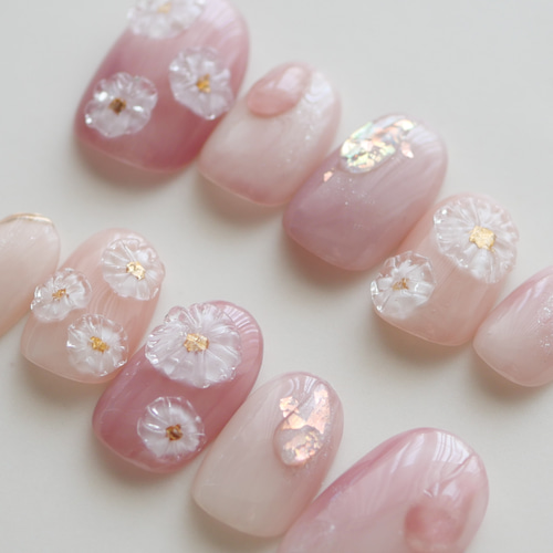 ぷっくり小花柄ネイル-pink-◇ネイルチップ【haru-No.23