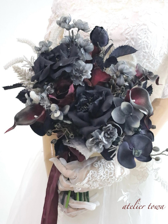 ピオニーブラックブーケ ウェディングブーケ ブートニアセット