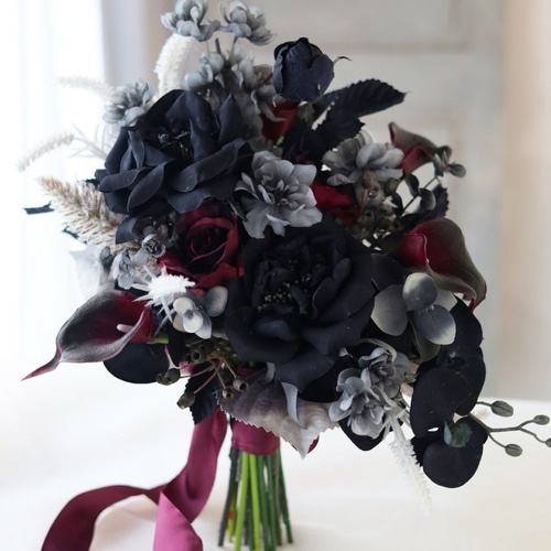 ピオニーブラックブーケ ウェディングブーケ ブートニアセット  