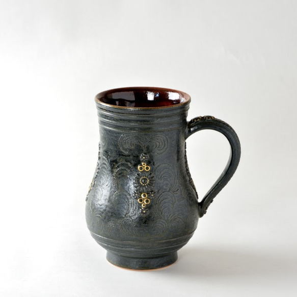 京焼　金彩鉄釉貼花文「マグカップ」　宮里絵美作　陶器 13枚目の画像