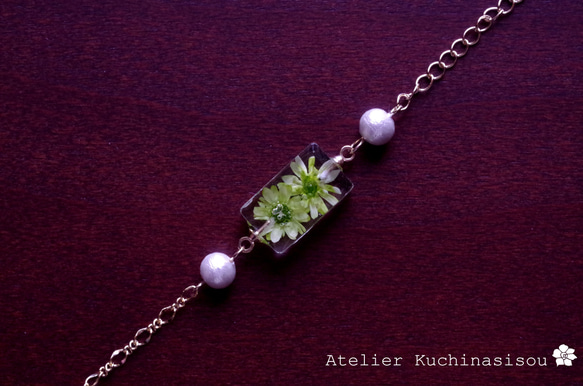 樹脂藝術花朵棉珍珠手鍊&lt;蘋果綠&gt; 第5張的照片