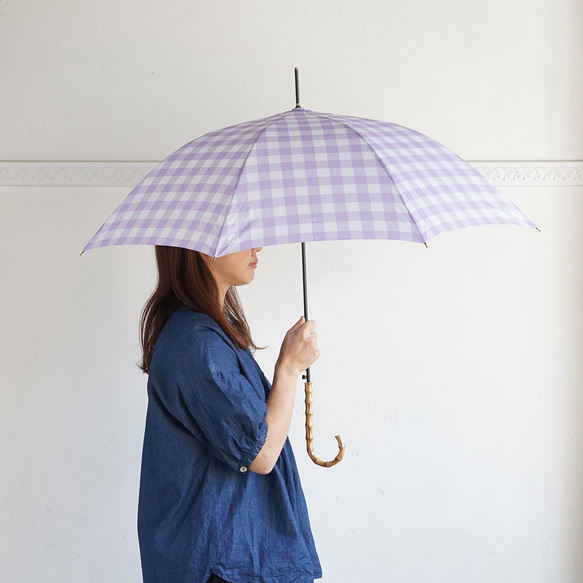 竹製雨傘方格紋紫色長傘晴雨兩用 ALCEDO 161056 遮陽傘雨傘格紋竹柄 第9張的照片