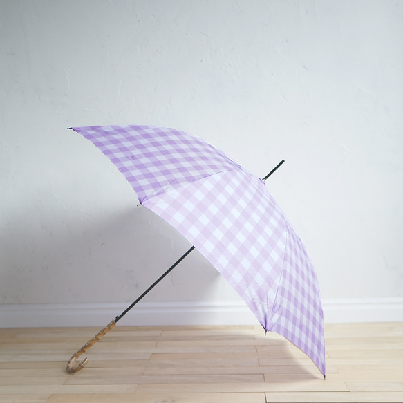 竹の傘 block check パープル 晴雨兼用 長傘 ALCEDO 161056 日傘 雨傘 チェック 竹ハンドル 12枚目の画像