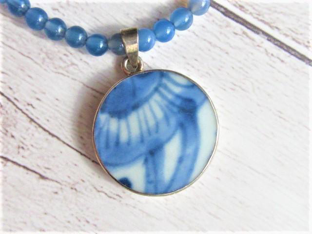 【B76】　アンティーク焼物(タイ・アユタヤ)　ブルーガーネット　ネックレス　メンズ　天然石　天然石ビーズアクセサ