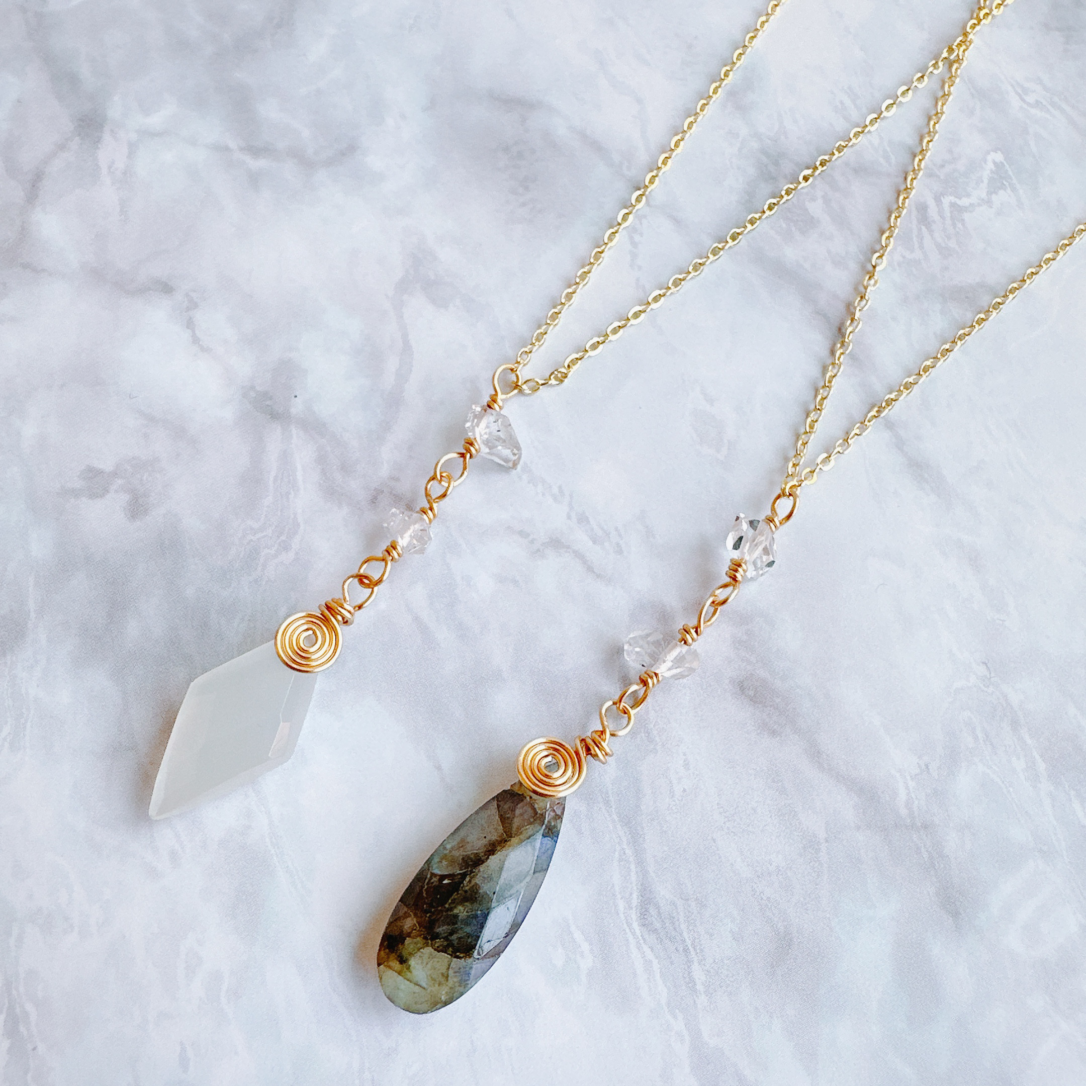 【14kgf 】uzumaki  ラブラドライトとハーキマーダイヤモンドのY字ネックレス《送料無料》