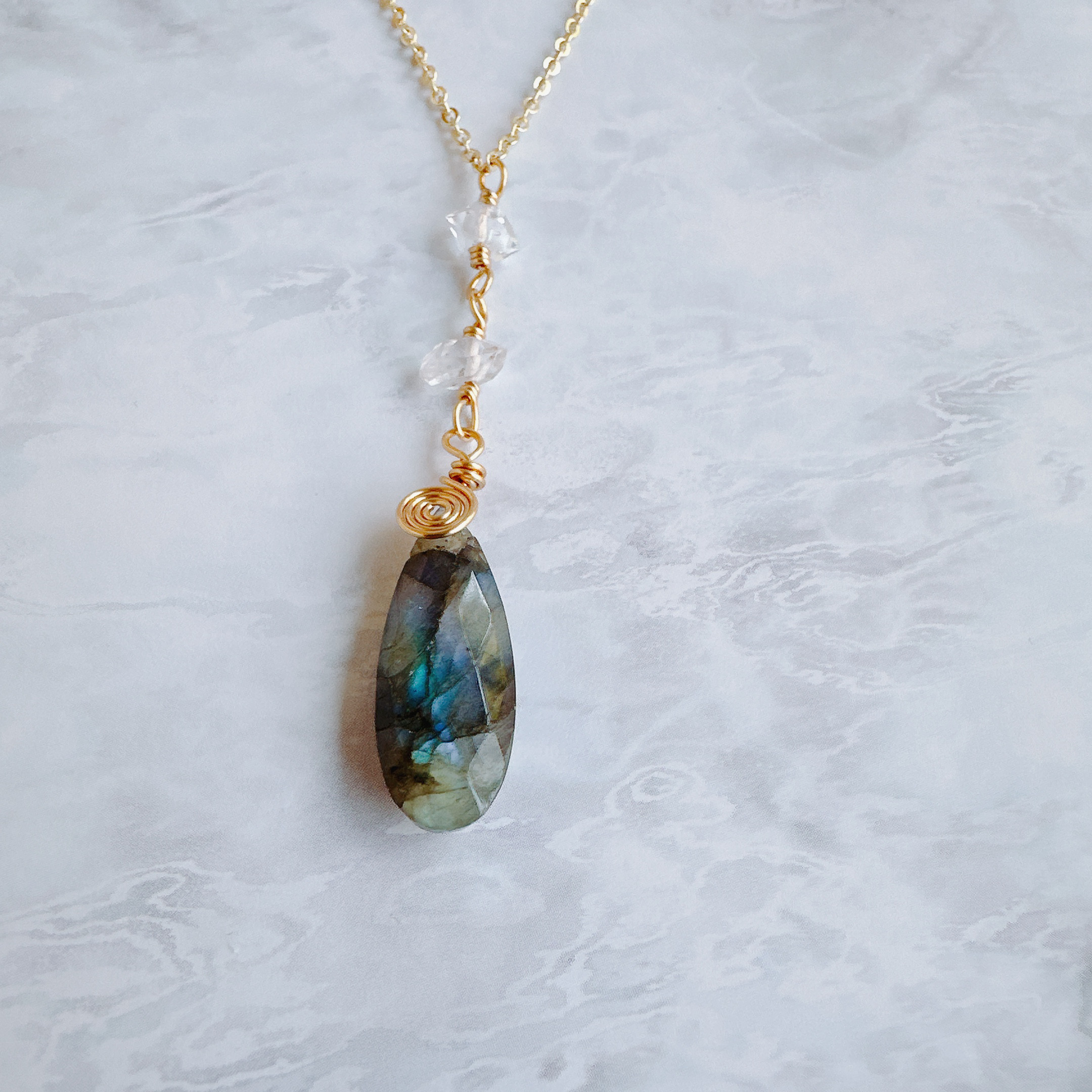 【14kgf 】uzumaki  ラブラドライトとハーキマーダイヤモンドのY字ネックレス《送料無料》