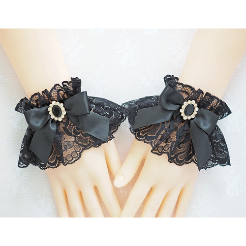 お袖留め 付け カフス 付け袖 ビジュー ブラックレース ブレスレット