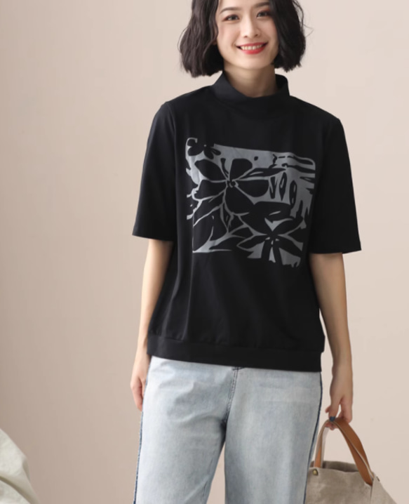 初春.  綿.無地.コットンTシャツ ブラウス　夏Tシャツ.ブッラク 3枚目の画像