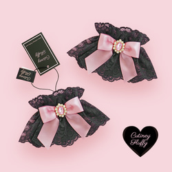 お袖留め 付け カフス 付け袖 ビジュー ブラックレース ピンク