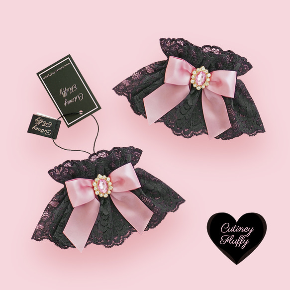 お袖留め 付け カフス 付け袖 ビジュー ブラックレース ピンク