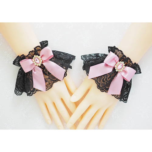 お袖留め 付け カフス 付け袖 ビジュー ブラックレース ピンク