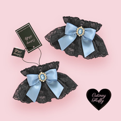 お袖留め 付け カフス 付け袖 ビジュー ブラックレース ブルー