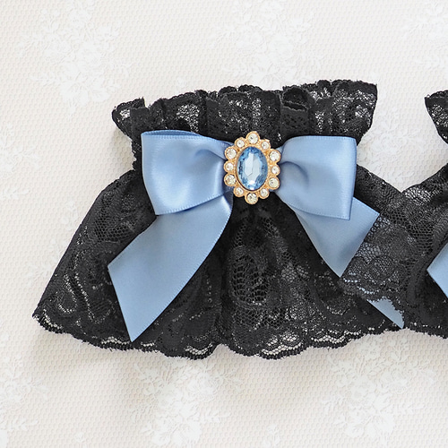 お袖留め 付け カフス 付け袖 ビジュー ブラックレース ブルー