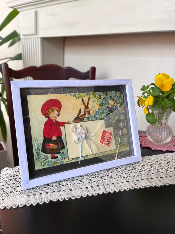 ヴィンテージ チェコのポストカード 使用 少女とうさぎ＆わすれなぐさのコラージュフレーム/イースター 4枚目の画像