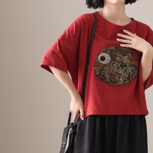初春. 赤 100％綿.無地.コットンTシャツ ショート丈半袖トップス T 