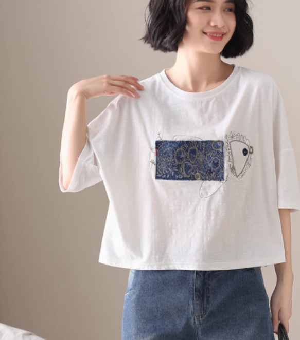 初春. 100％綿.無地.コットンTシャツ ショート丈半袖トップス 2枚目の画像