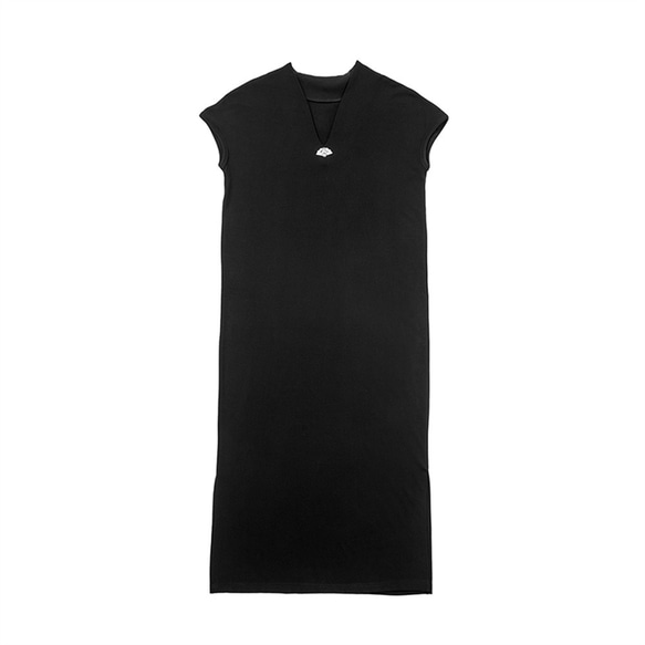黑色 復古玉扇新中式V領洋裝 垂墜舒適修身連身裙 第2張的照片