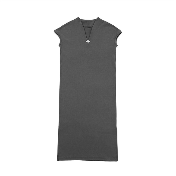 灰色 復古玉扇新中式V領洋裝 垂墜舒適修身連身裙 第2張的照片