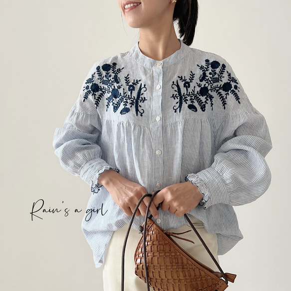 コントラストカラークロネコ刺繡ブラウス　B2704 main image 0