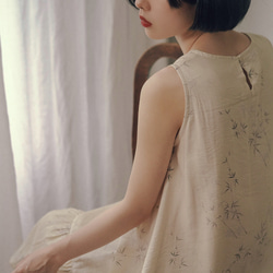 春芽 新中式國風文藝復古竹子印花洋裝 無袖荷葉邊下襬寬鬆連身裙 第20張的照片