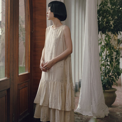 春芽 新中式國風文藝復古竹子印花洋裝 無袖荷葉邊下襬寬鬆連身裙 第15張的照片