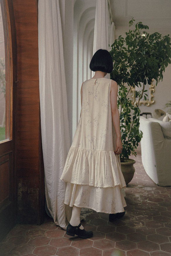 春芽 新中式國風文藝復古竹子印花洋裝 無袖荷葉邊下襬寬鬆連身裙 第12張的照片