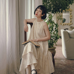 春芽 新中式國風文藝復古竹子印花洋裝 無袖荷葉邊下襬寬鬆連身裙 第14張的照片