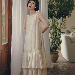 春芽 新中式國風文藝復古竹子印花洋裝 無袖荷葉邊下襬寬鬆連身裙 第9張的照片