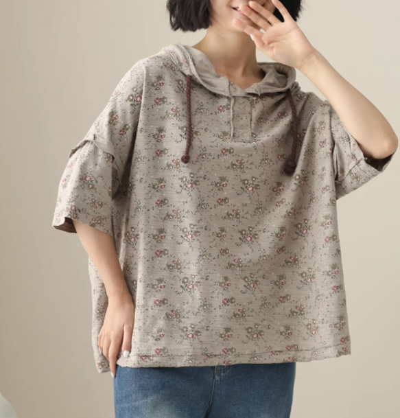 初春.  100％綿Tシャツ.無地.シンプル連帽プルオーバー　たけ節綿　ゆったり 3枚目の画像