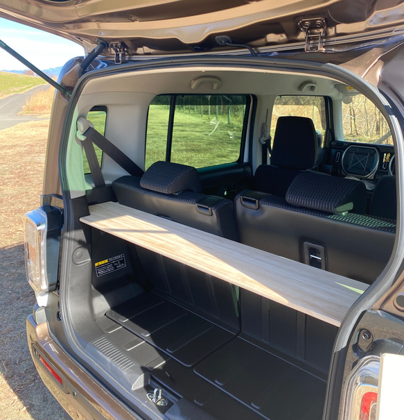 スズキ 新型ハスラー用ラゲッジボード 木製 リクライニング対応 キャンプ 塗装なし 車中泊 2枚目の画像