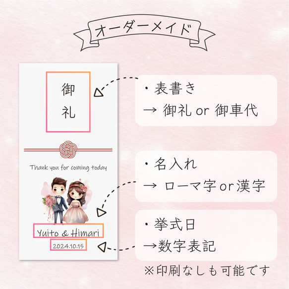 壽シール付きでラクチン♪ 結婚式 お車代 封筒 10枚 セット ポチ袋 御車代 御礼 ローズブーケ  水引き 短納期！ 2枚目の画像