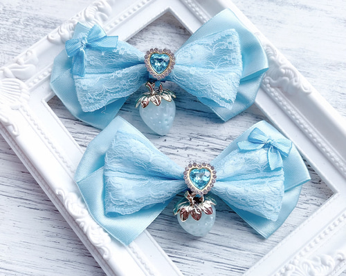 量産型 ヘアクリップ 2個セット 水色 いちご ハート ヘアピン marumin