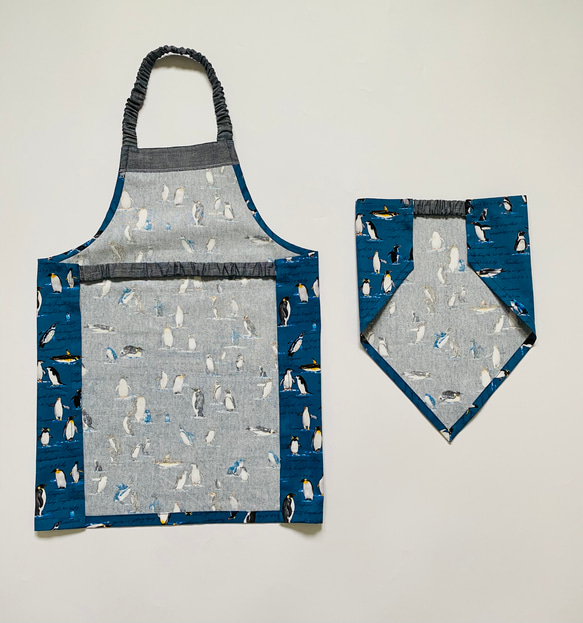ペンギン柄☆120〜130こどもエプロン、三角巾、巾着3点セット　 2枚目の画像