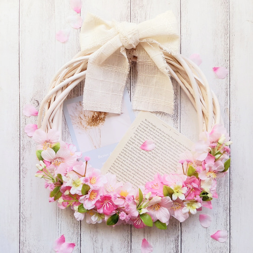 【専用】フラワーリース 春爛漫9 春爛漫15 玄関リース 造花 桜リース 春爛漫 桜とリボンのナチュラルリース(約25cm) 新生活