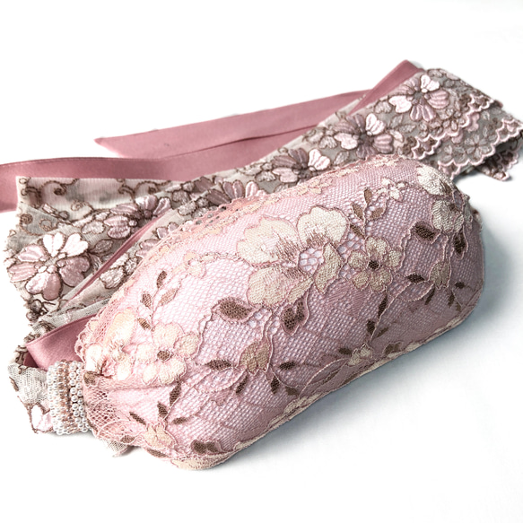 帯枕も使える帯揚げ付き三重紐　チュールレースが美しい　灰ピンクと桜柄 6枚目の画像