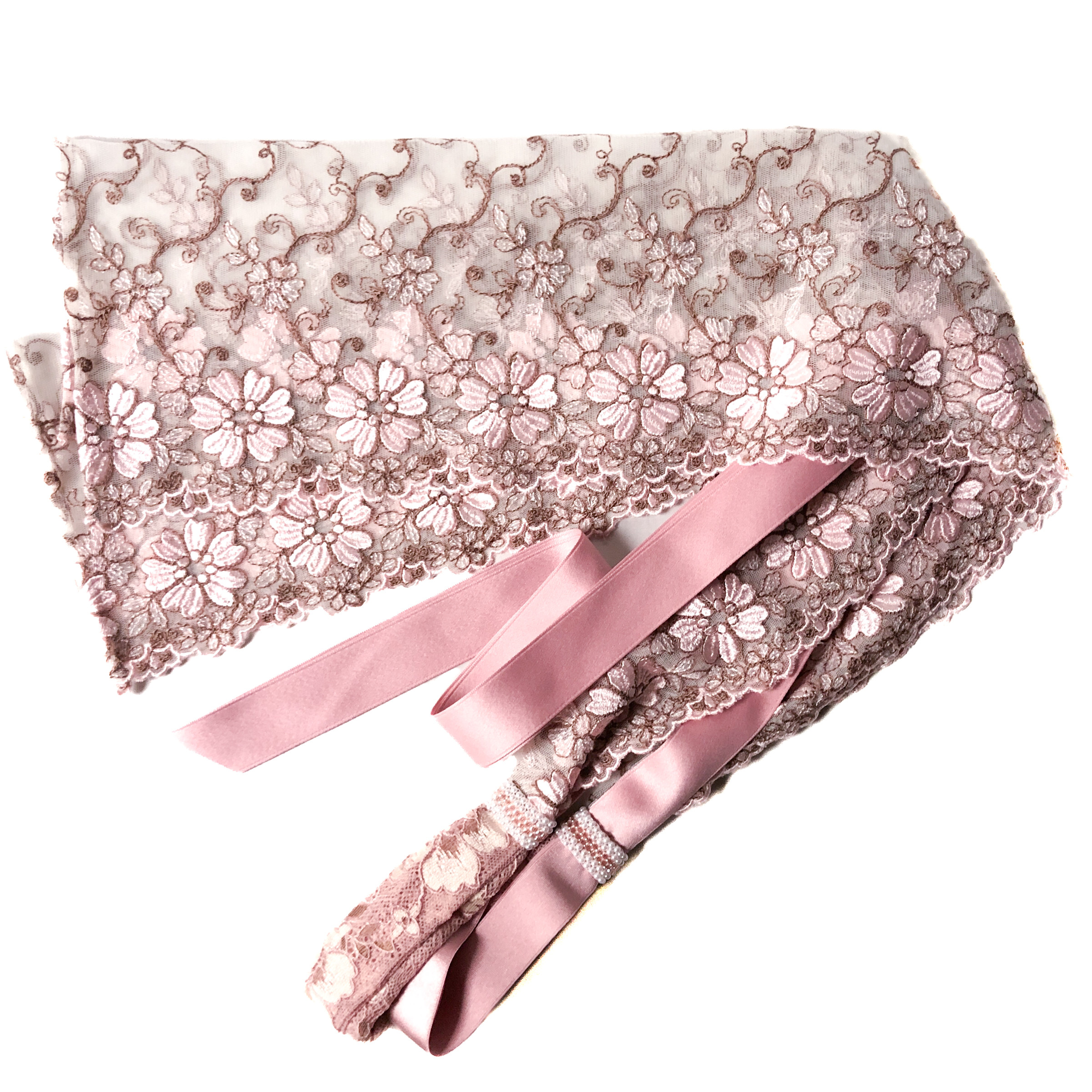 【再販】帯枕も使える帯揚げ付き三重紐　チュールレースが美しい　灰ピンクと桜柄　ガーリータイプ